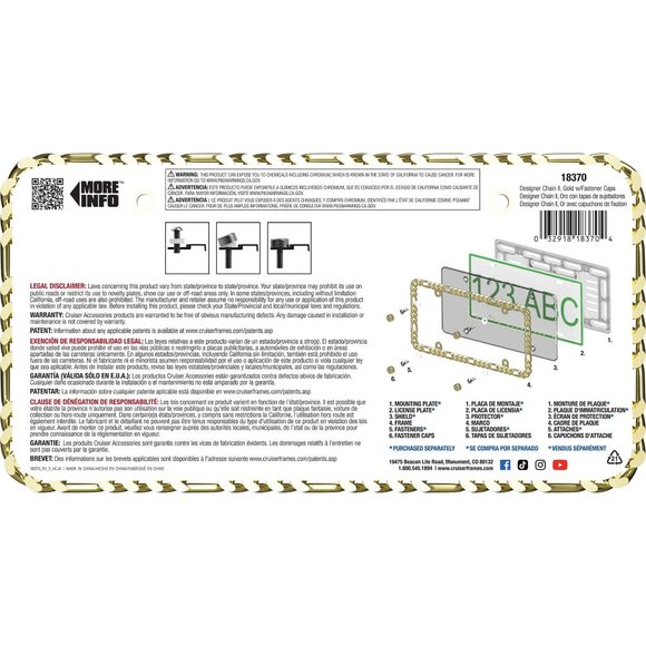 Designer Chain License Plate Frame, Gold (with fastener caps) - Picture 2 of 4